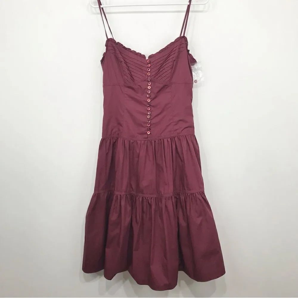 BCBGMAXAZRIA Burgundy Pleat Bodice Button Front Strappy Tier Skirt Sundress NEW